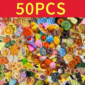 Random Miniature Food & Fruit Figurines Set, 50pcs Miniature Food & Fruit Ornament, Resin Decoration for Kitchen, Play Kitchen Accessories, Party Gift