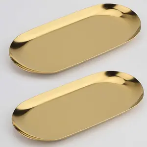 Stainless Steel Decorative Tray, 17.78 cm Long, Jewelry And Cosmetics Organizer for Bathroom Clutter, Small Storage Tray, Oval Shape, Available in Golden And Silver.