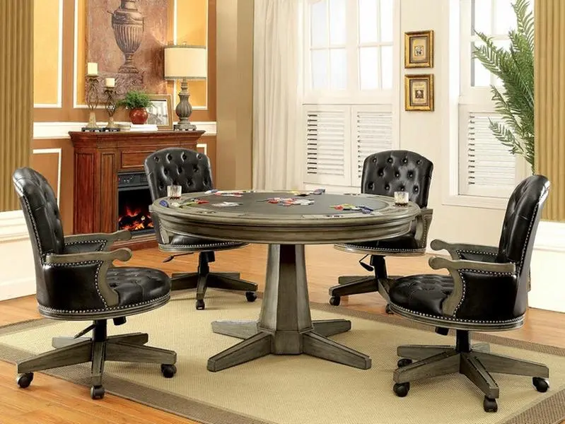CM-GM357 Yelena Gray Finish Wood Round Poker Game Dining Table Set with 4 Gray Padded Faux Leather Chairs for Multi-functional Entertainment