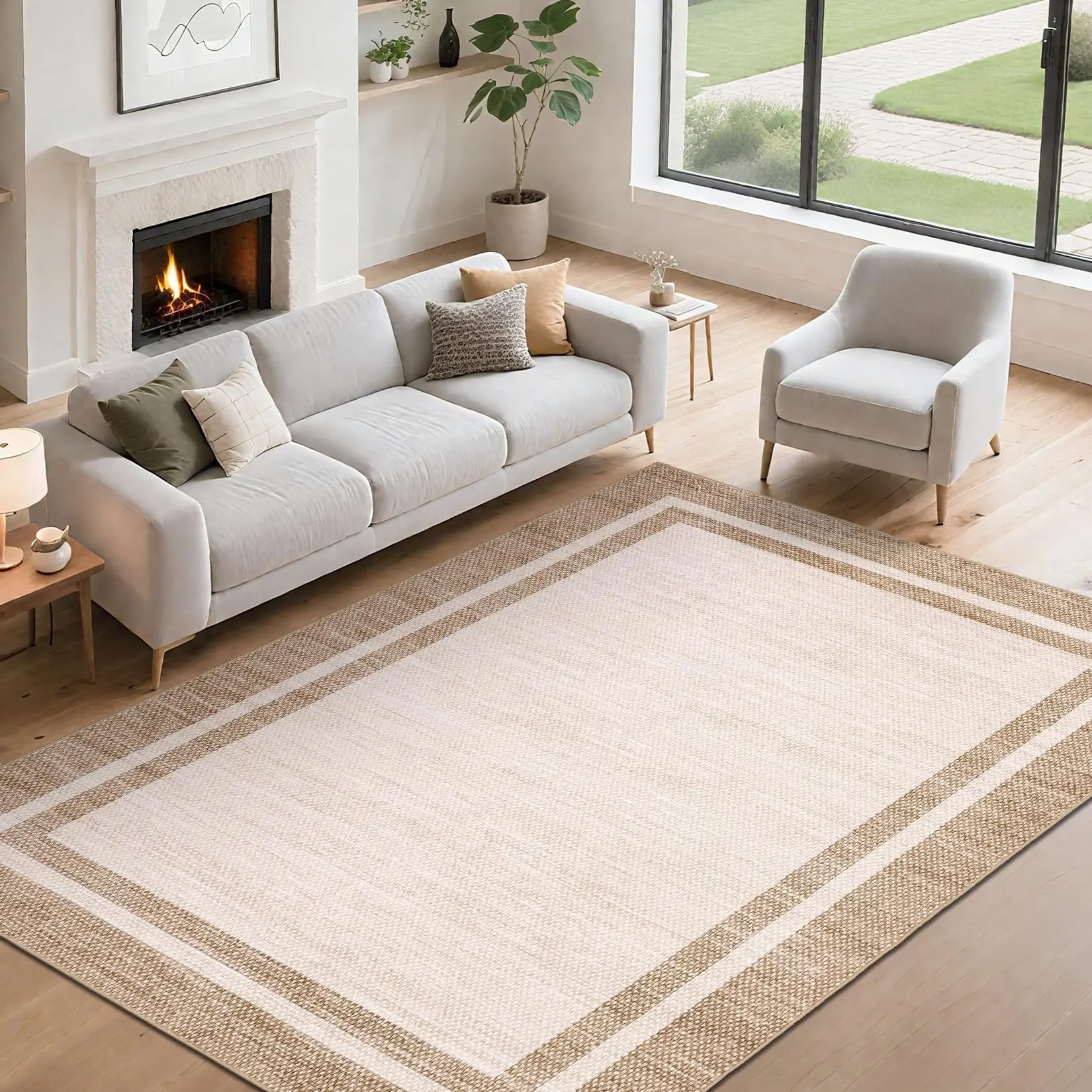 Garvee Living Room Area Rug 8x10 Area Rug Modern Border Indoor Carpet Low Pile Stain Resistant Throw Carpet Non Slip Non Shedding for Bedroom Playroom Dining Room，Beige