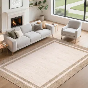 Garvee Living Room Area Rug 8x10 Area Rug Modern Border Indoor Carpet Low Pile Stain Resistant Throw Carpet Non Slip Non Shedding for Bedroom Playroom Dining Room，Beige