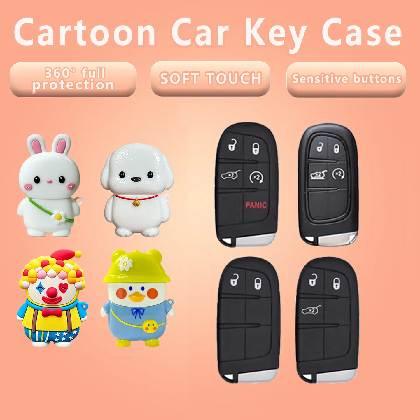 Soft Silicone Cartoon Car Key Fob Cover, Fits Key Style Shown In Image, Dustproof Waterproof Shockproof Key Protector, Cute Multi-Style Options - 024