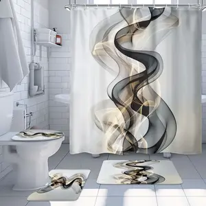 1/4pcs - Black and gold shower curtain set, waterproof shower curtain with 12 plastic hooks, non-slip bathroom floor mat, toilet U-shaped mat, cover mat, abstract modern gradient ink luxury minimalist texture aesthetic fluid home decor accessories