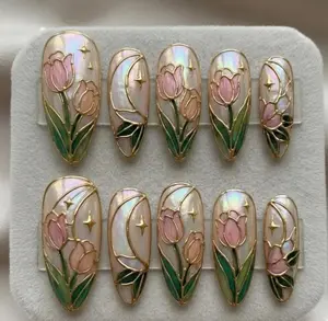 Ethereal Stained Glass Tulip Press On Nails, Vintage Bridal Inspired Spring Wedding Nail Art Set, Handmade Floral Design Reusable Glossy