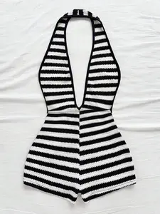 Women's New Fashion Comfortable Versatile Deep V Neck Halter Striped Jumpsuit, Casual Fitted All-Seasons Clothing, Trendy Short Pants Set, Casual Comfy Jumpsuit