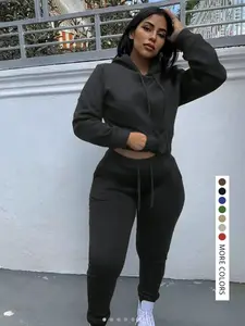 Women's Plus Size Hooded Sweatshirt Set, Casual Sporty Two-Piece, Fall Winter Fleece Lined Pullover, Comfortable & Stylish, Athleisure Wear Set