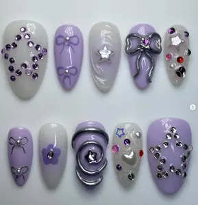 Y2K Pastel Star Nails | Lavender Silver Press On Nails with Rhinestones, 3D Bows & Glitter Hearts | Kawaii Galaxy Nail Art for Baddie Aesthetic Lovers