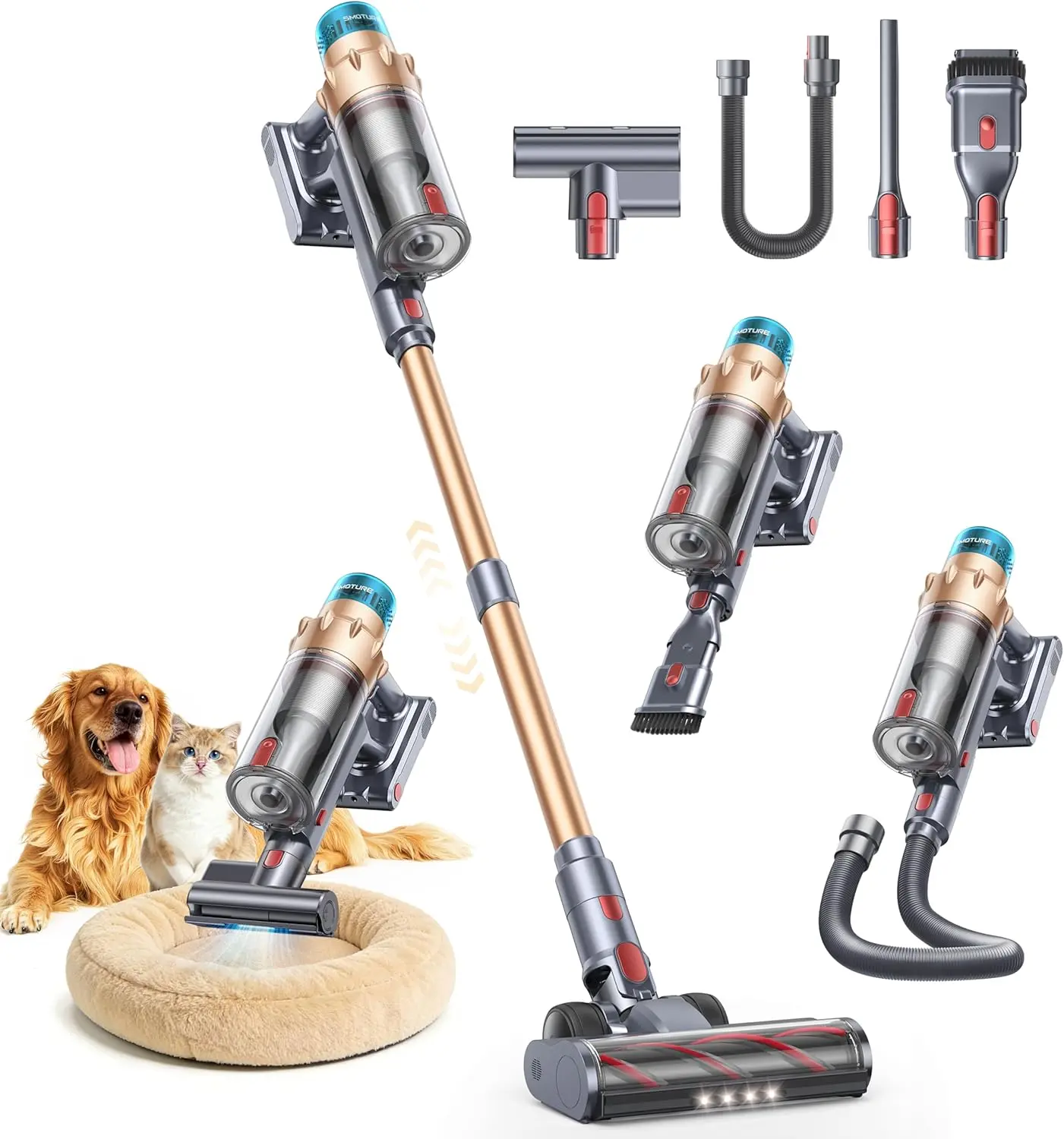 Cordless Stick Vacuum Cleaner, 650W 55kPa, Up to 70 Minutes, Motorized Upholstery Brush & Flexible Hose, Gold