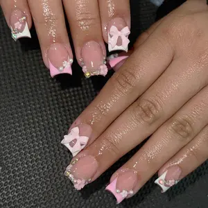 24Pcs Bow Press Nails French Tip False Nails Short Square Design with Cute Bows Flowers Nail Rhinestones Valentines Fake Nails Holiday Acrylic Artificial Nails Stick Nails for Women