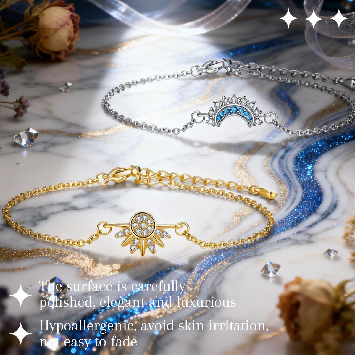 Sun and Moon Bracelets for 2 Matching Best Friend Bracelets Set Stack 14K Gold Plated Silver Charm Friendship Bracelets for Women Couples BFF Jewelry Gift