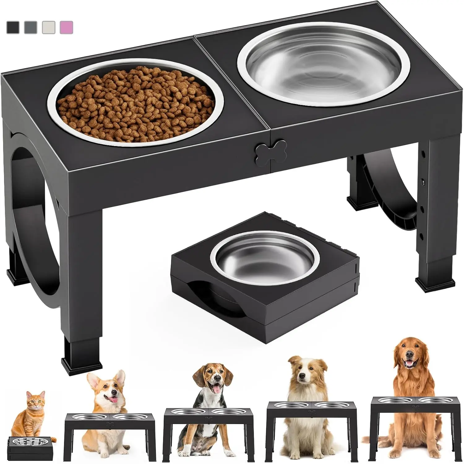 Elevated Dog Bowls with Adjustable Stand | Raised Stainless Steel Dog Feeding Station for Large & Medium Dogs (5 Height Levels)