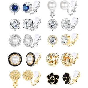 FIBO 10 Pairs Elegant Ear Clips for Women Clip on Earrings CZ Flower Simulated Freshwater Pearl Twist Knot Clip Earrings Sets