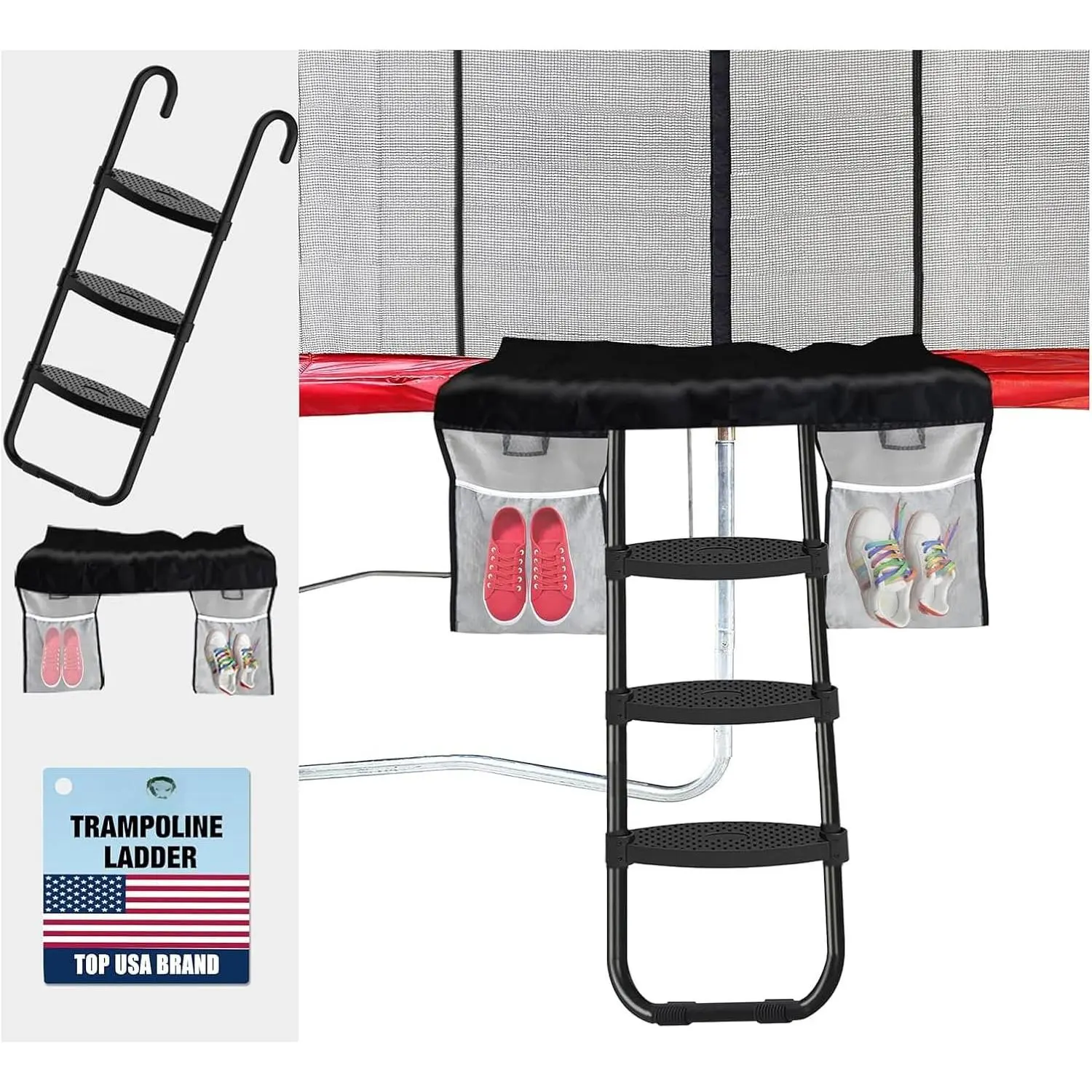 Trampoline Ladder,240 lbs Capacity,3 Wide Skid-Proof Steps&Shoe Storage Pocket,UV-Resistant Steel Stairs for ,Heavy Duty  Hook Fit,Trampoline Accessories for