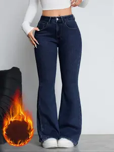 Women's Fleece Lined Thick Denim Flare Pants, Comfortable Winter Fashion Jeans, Elegant Plain Design, All Seasons Wear