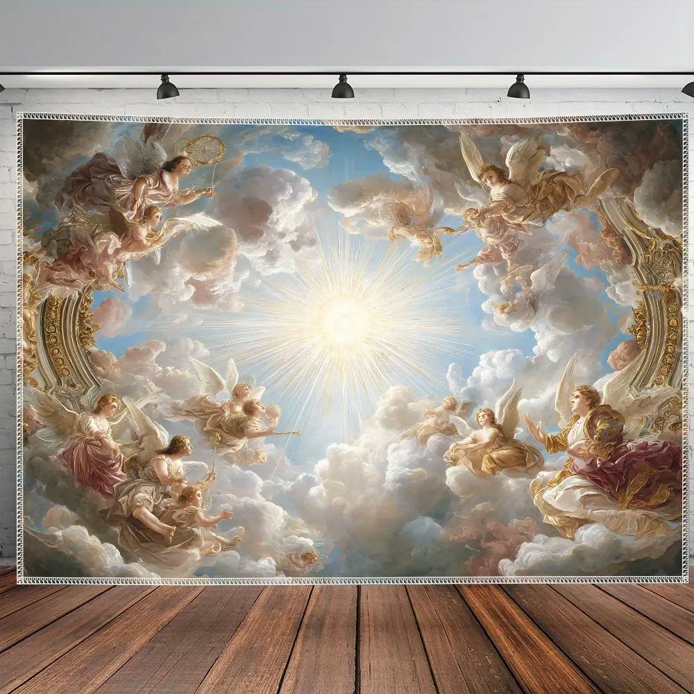 1pc Ultra-Large Classical Sun Angel Landscape Digital Printing Tapestry - High-Definition Polyester Living Room Decor - Machine Washable, with Clips for Bedroom Decoration