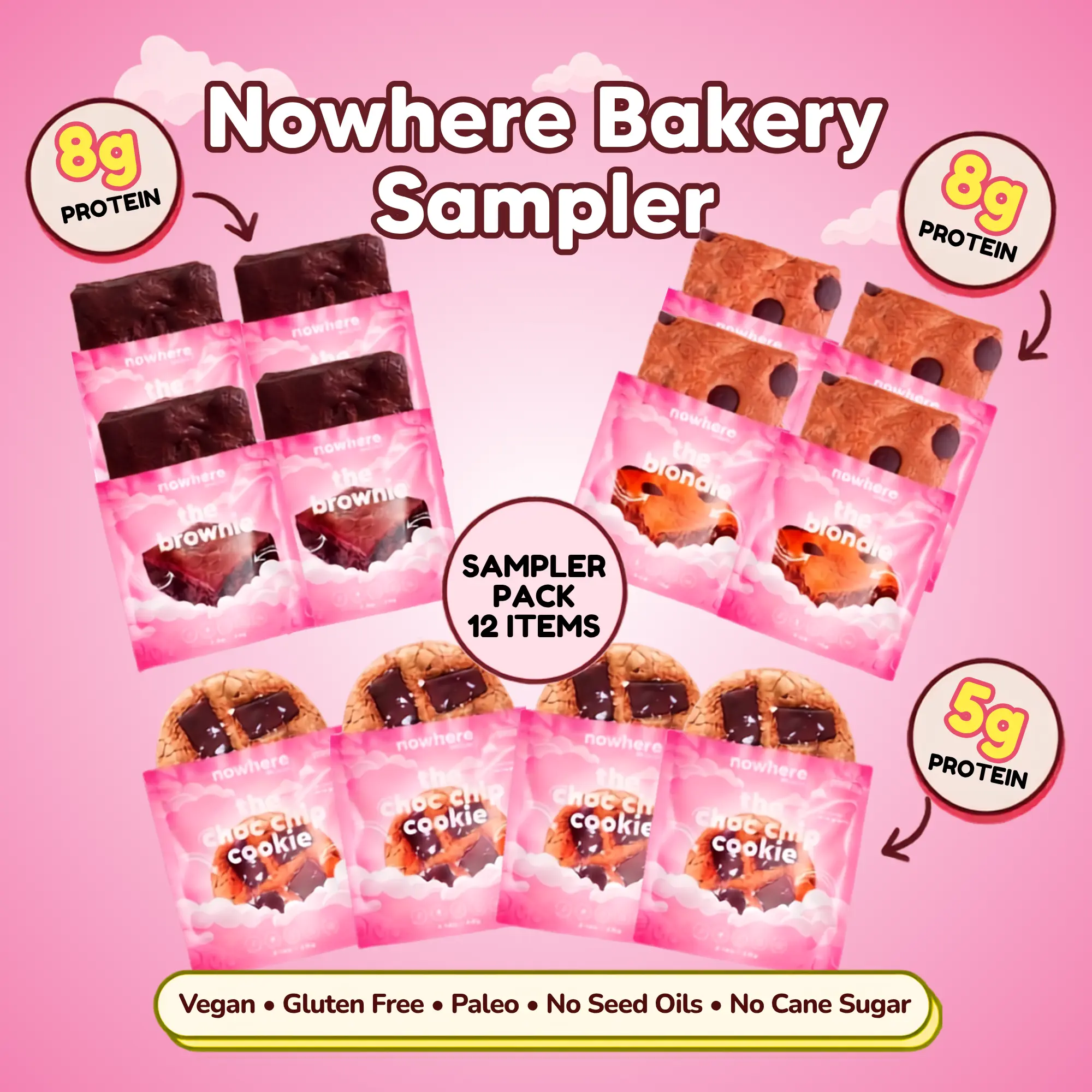 The Nowhere Box 12 pack - Refrigerated Plant-Based, Gluten-Free, Refined Sugar Free. Sweet Desserts - Includes Cookies, Brownies and Blondies