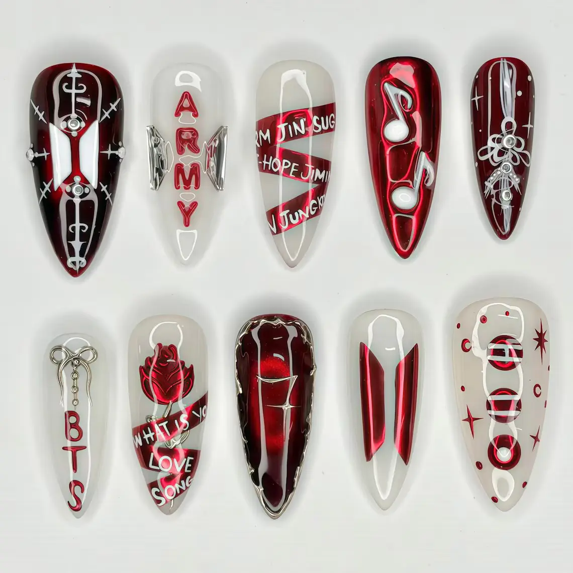 Kpop Concert Press On Nails, Custom BTS Fake Nails, Red and White Army Fandom 3D Nail Art, Kpop Concert Nails