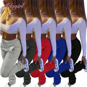 Stacked Pants Women Solid High Waist Drawstring Bell Bottom Flare Pleated Pants Casual Active Leggings Thick Sweatpants Trousers Womenswear