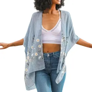 Spring Daisy Woven Kimono - Daisy Hand Embroidered Floral Kimono Open Wrap Coverup Top One Size Women's Spring Summer Cotton Womenswear Coats Jackets Polyester Style Swimsuit Warmer Lady