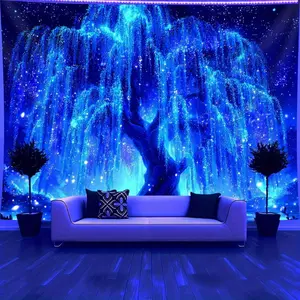 1pc UV-reactive Tree of Life tapestry. Glows with fluorescent night sky under blacklight. Wrinkle-resistant polyester, easy installation. Perfect for bedrooms, parties, or events like graduations. High-quality print, ideal for gifts.