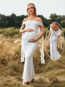 ELARA Maternity Maxi Dress Off-Shoulder Open Back Baby Shower Viral #MomTok Trend