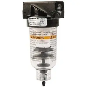 Wilkerson Mini FRL Water Filter - Polycarbonate Bowl, Piston Drain, 1/4" Port, 4.26" Height, 1.69" Width, Small Footprint, 24 SCFM, 150 Max psi, 125°F Max, Model F03-02-D00