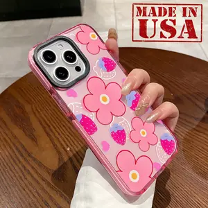Phone Case for iPhone 16 Plus 15 Pro Max 14 13 12 11 Pink Flower Strawberry Pattern Non-Yellowing Shockproof Soft Silicone Transparent Cover