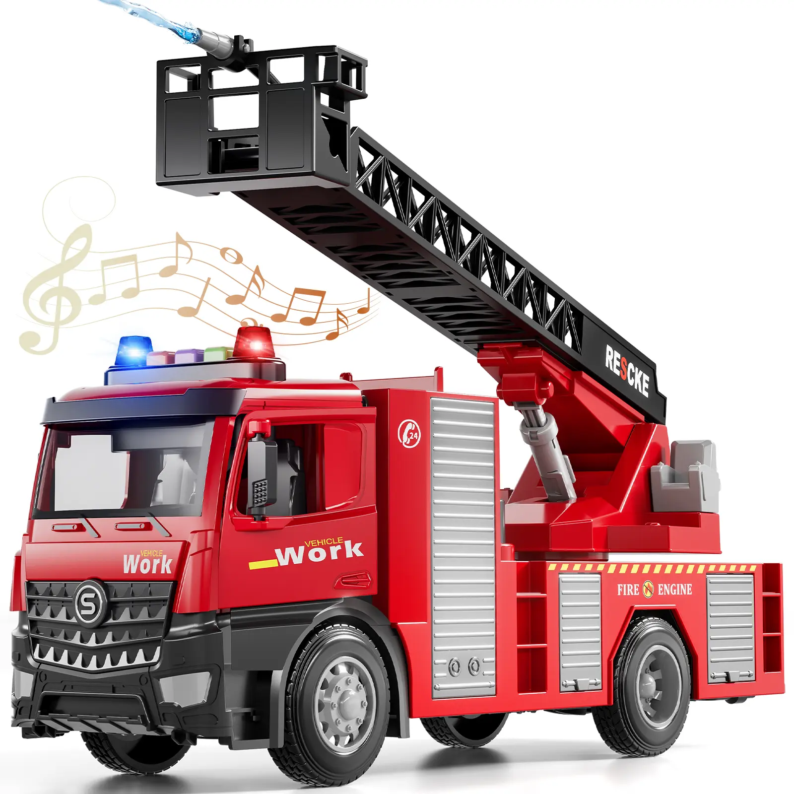 Heavy Alloy Fire Truck Toy for 3-4 Years Olds - BPA Free, Real Water Spray, Extendable Rotating Aerial Ladder, Lights & Sound Functions, Science & Children Development Educational Cars, Interactive Role-Play Gift