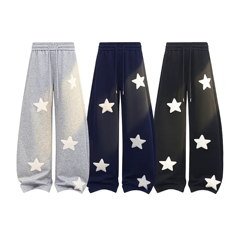 Men Four Seasons Terry Cloth Star Patch Wide Leg Sweatpants, Cotton Polyester Blend Elastic Drawstring High Waist Baggy Casual Pants, Niche Y2K Hip Hop Streetwear Loose Trousers for Daily Skater Campus Outfits