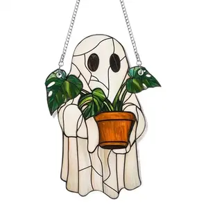 Cute Ghost Plant Suncatcher - Ghost and Monstera Acrylic Ornament, Perfect Halloween Hanging Decor, Ideal Gift for Plant Lovers and Moms