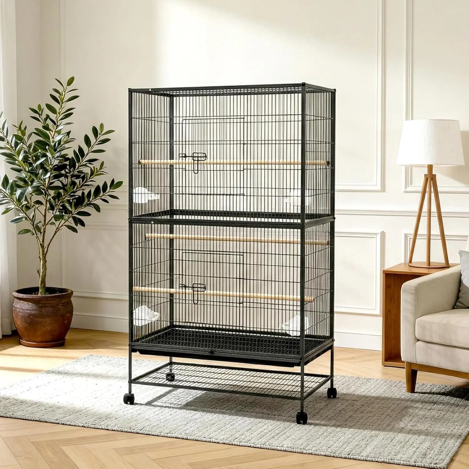 GARVEE 61 in Functional Rectangular Metal Bird Cage with Rolling Wheels Stand, Storage Shelf, Tray, 3 Perches, 4 Food Cups for Parakeets, Macaws