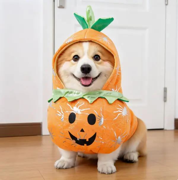 Halloween Pumpkin Dog Costume with Hood, Cute Pet Cosplay Outfit with Green Leaf Detail for Small and Medium Dogs, Funny Holiday Party Pet Clothing