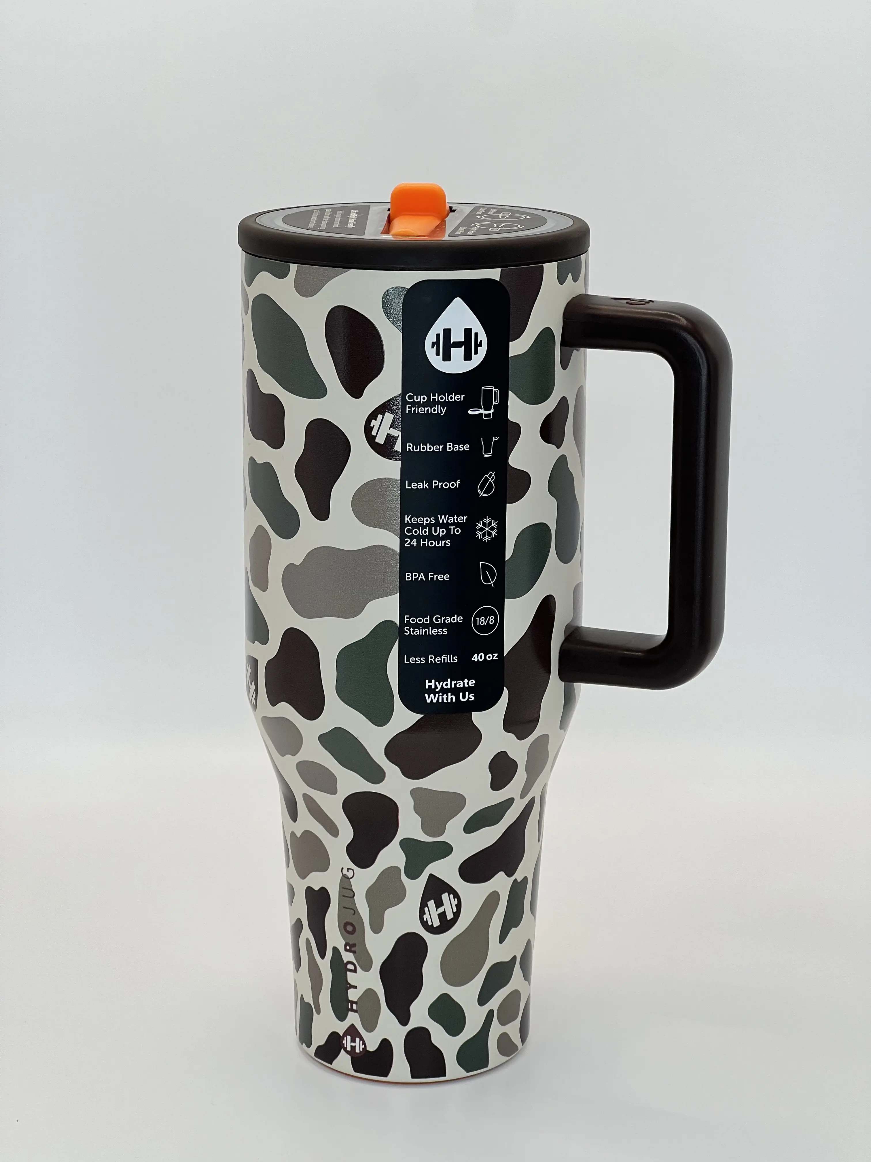 HydroJug 40oz Capacity Stainless Steel Insulated Vacuum Tumbler, 1,000-2,000 ml, Leopard Print Camo Skull Stranger Things Design, BPA-Free Leak-Proof Straw Cup, Cup Holder Friendly, 7-12 Hours Insulation, Gym Use, Trendy Gift for Adults, Camouflage
