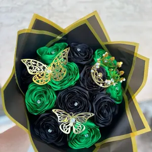 Green and Black Eternal Rose Bouquet - 12 Count with Gold Butterfly Accents and Decorative Elements