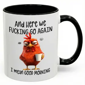 Here We Go Again Funny Chicken Coffee Mug, Good Morning Ceramic Cup, Sarcastic Office Humor Drinkware, Coworker Gag Gift, Birthday Gift For Friends, 11 Oz 15 Oz