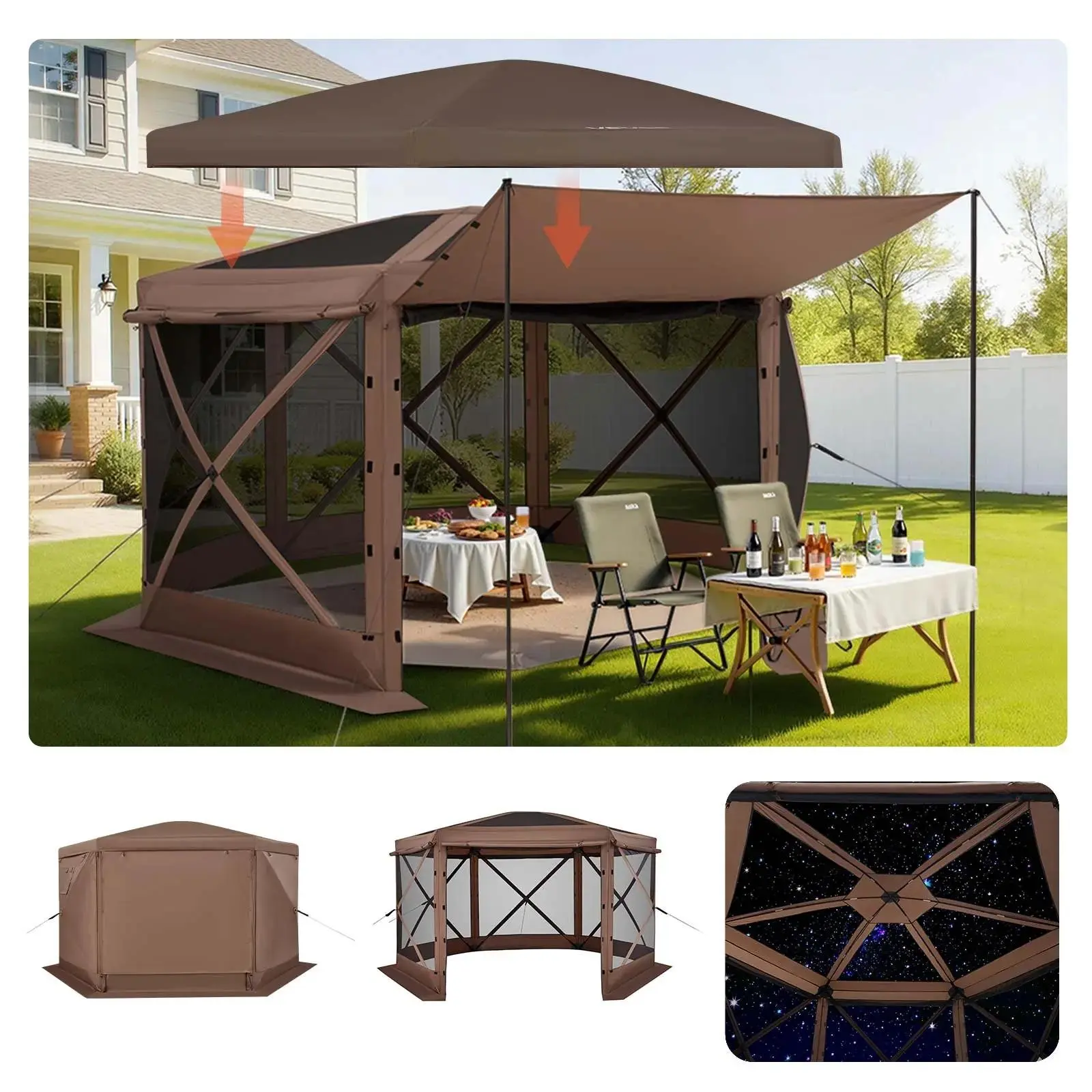 【SummerFinds】VEVOR Sturdy 12x12 ft 6-Sided Portable Gazebo Outdoor Patio Screen House, Removable Top, Tent Stakes, Carry Bag, Quick-Set Bite-Proof Sun Shelter for 8-10 Persons Backyard, Brown, Tents for Camping