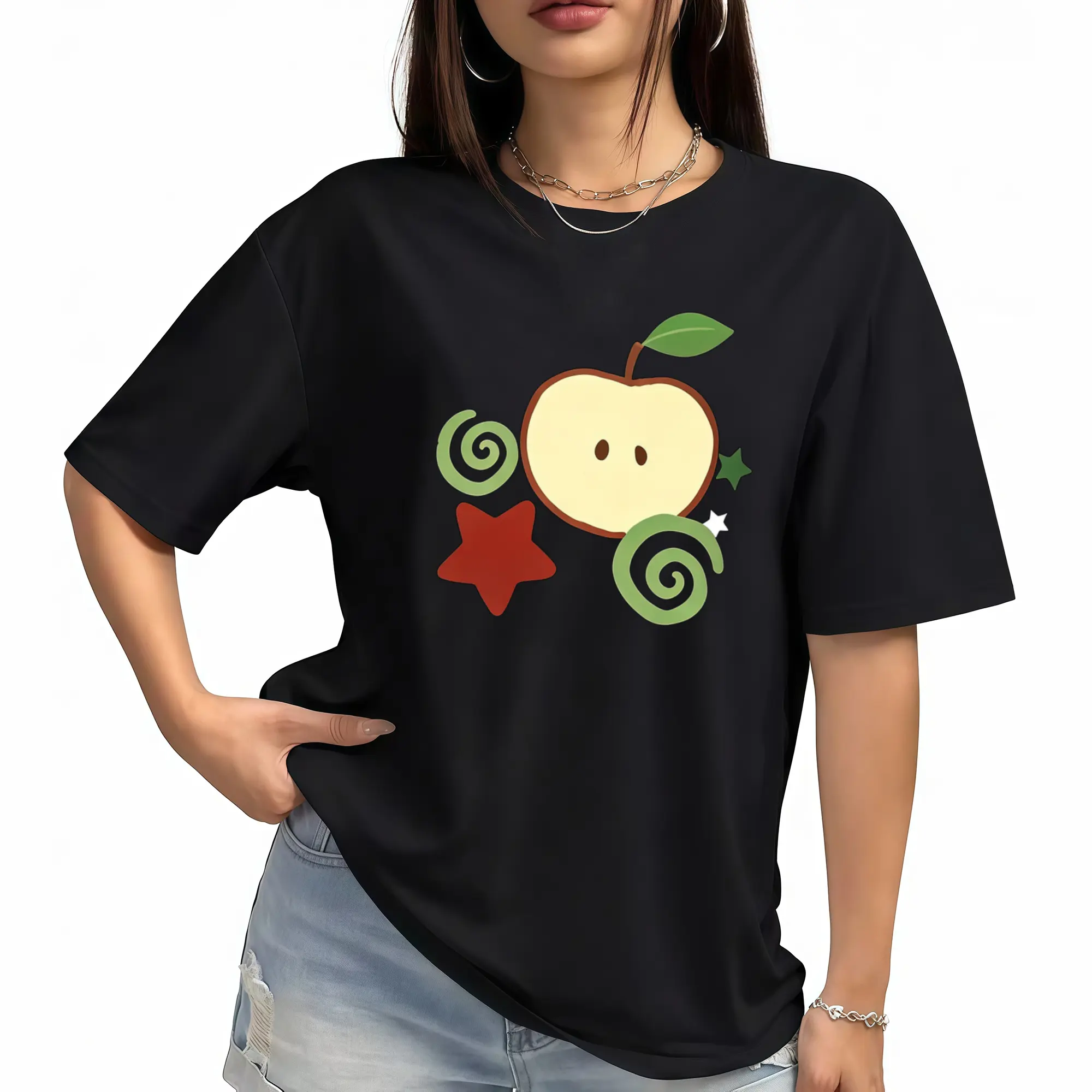 Womens T-Shirt with Apple Graphic Drop Shoulder Design for Retro Street Fashion Unisex Loose Hip Hop Style Print Tee Summer Casual Gift