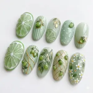 3D Lemon Press On Nails | Handmade Summer Citrus Fruit Nail Art | Luxury Gel Nail Set