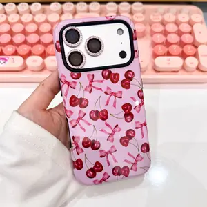 Pink Cherry Pattern Phone Case for iPhone 17/16/15/14/13 Pro/Plus — A Cute, New-Style Case Featuring a 2-in-1 Design for Drop and Shock Protection; Protective Case Designed Specifically for Women. Compatible with iPhone 17 Pro Max.