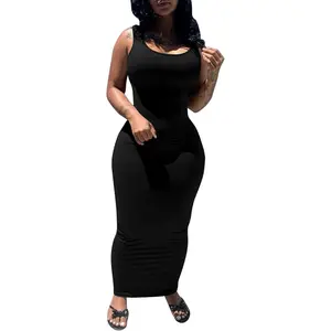 WomenBodycon Tank Dress Basic Sleeveless Long Maxi Dresses Party Club Beach Sundresses Formal Womenswear Workwear A-Black Minimalist