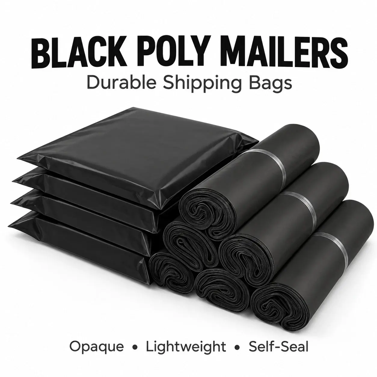 Black Poly Mailers Shipping Bags Self Seal Opaque 100 Bags per Roll Choose Size