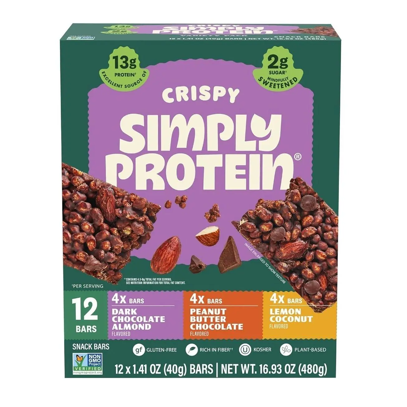 Simply Protein - Peanut Butter Chocolate Crispy Bars - Plant Based Protein Bars - Low Carb, Low Sugar, High Fiber - 13g Protein, 2g Sugar, 7g Fiber - Vegan, Gluten Free, Non GMO, Kosher - 24 Bars