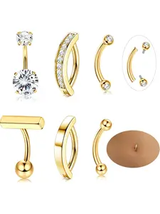6pcs 14g Stainless Steel Belly Button Rings for Women, Rhinestone Navel Rings, Simple Small Curved Barbell, Casual Body Jewelry, High Quality Jewelry, Belly Piercing Jewelry