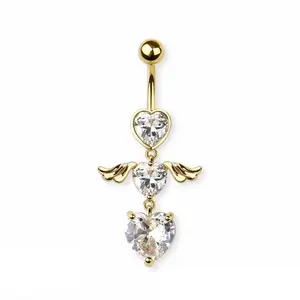 Double CZ Crystal Heart with Wings Dangling Belly Button Ring - 316L Stainless Steel