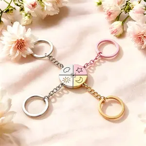 Magnetic Friendship  Keychain for 4-  Sun & Moon & Star & Cloud Best Friend Necklace Matching Round   Puzzle Keychain for 4  for Best Friends, Sisters & Teen Girls