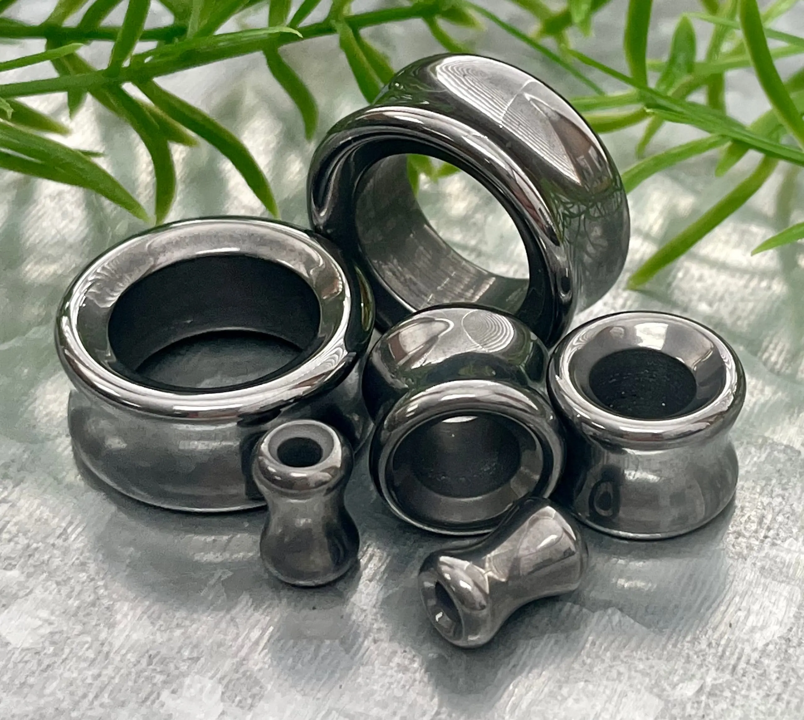 PAIR of Stunning Lightweight Hematite Stone Double Flare Tunnels/Plugs - Gauges 2g (6mm) thru 1" (25mm)