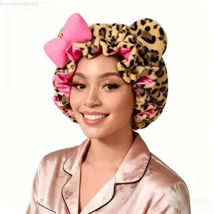 Leopard Print Teddy Bear Bonnet Satin-Lined Adjustable Sleep Cap for Women's Night Hair Care with 3D Teddy Bear Shape and Pink Bow tiktokshopspringglowup