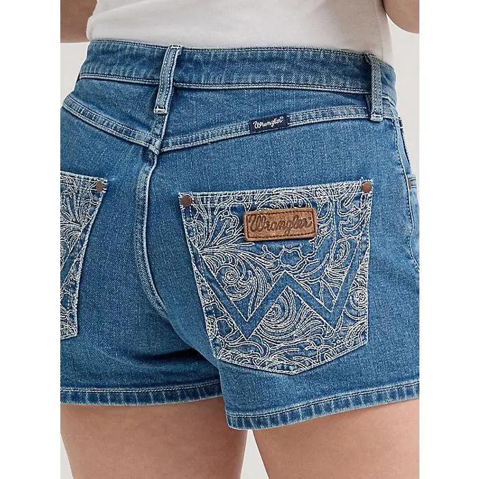 Wrangler Women's Retro Ainsley Embroidered Shorts, Mid-Rise Stretch Cotton Bottoms with 3.5" Inseam, Floral Paisley & 'W' Stitching, Retro Style, 3 1/2 Inches