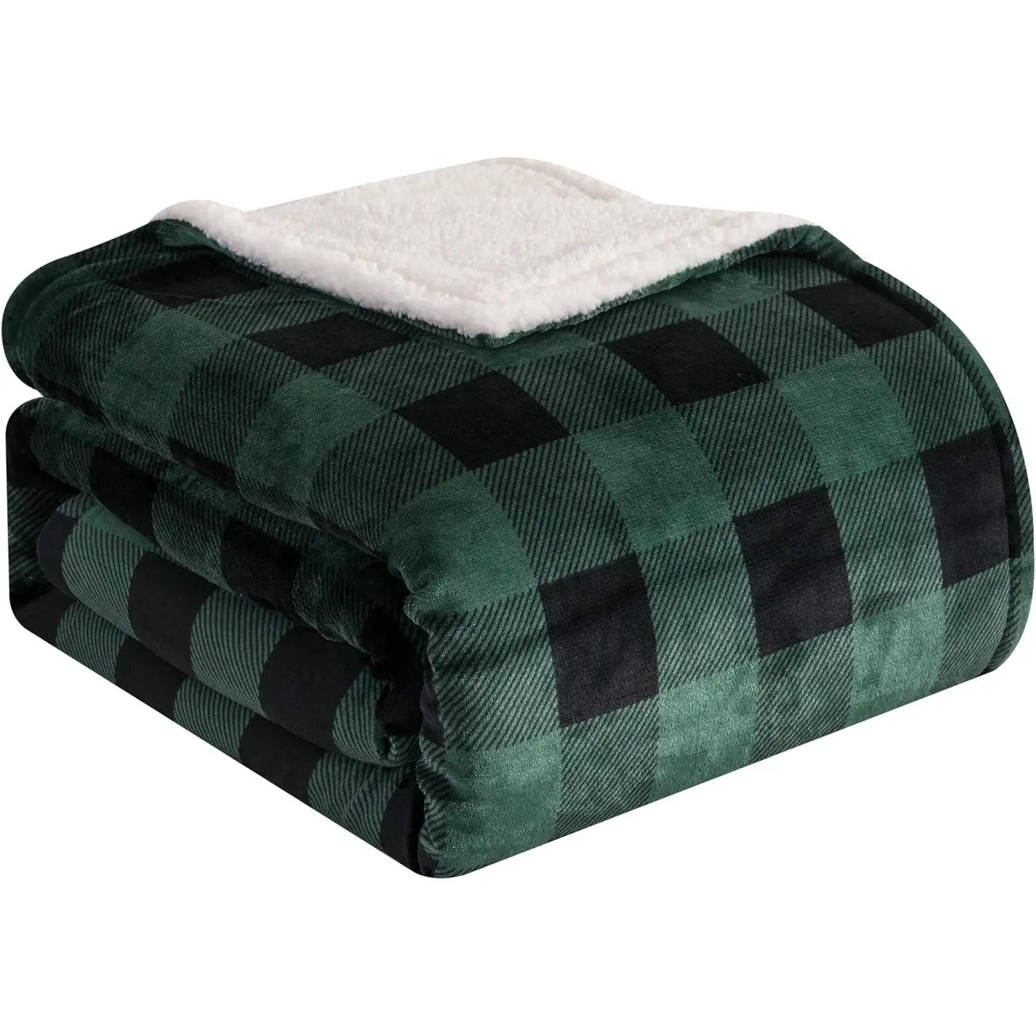 Emerald Green Queen Size Retro Ultra Buffalo Plaid Flannel Micromink Sherpa Throw Blanket - Breathable, Soft, Plush Fuzzy Warm, Durable, Low Shrinkage, Fade Resistant Winter Couch Blanket for Adults, Gift