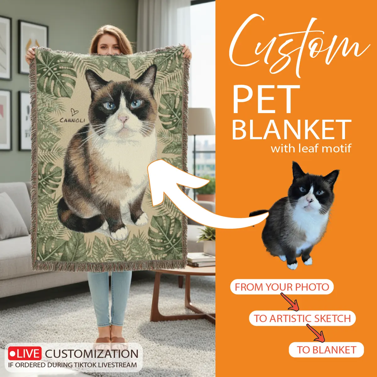 Custom Pet Blanket with Tropical Leaves, Personalized Dog or Cat Woven Blanket [S2]